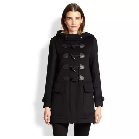 Burberry Brit Wool Blend Finsdale Hooded Duffle Coat with Hood Black Women's L - Picture 1 of 8